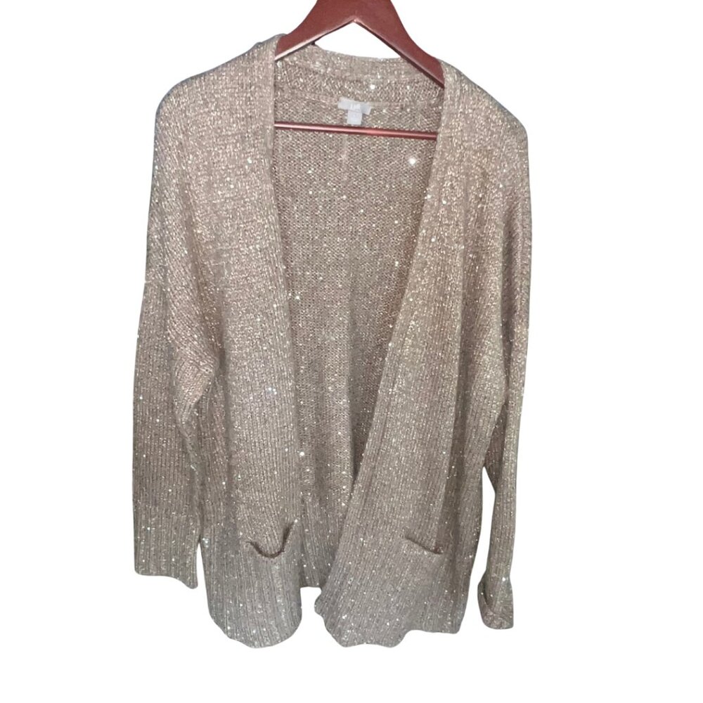 J Jill Sequin Wool Blend Open Front Cardigan Sweater Size L tan  Pockets
